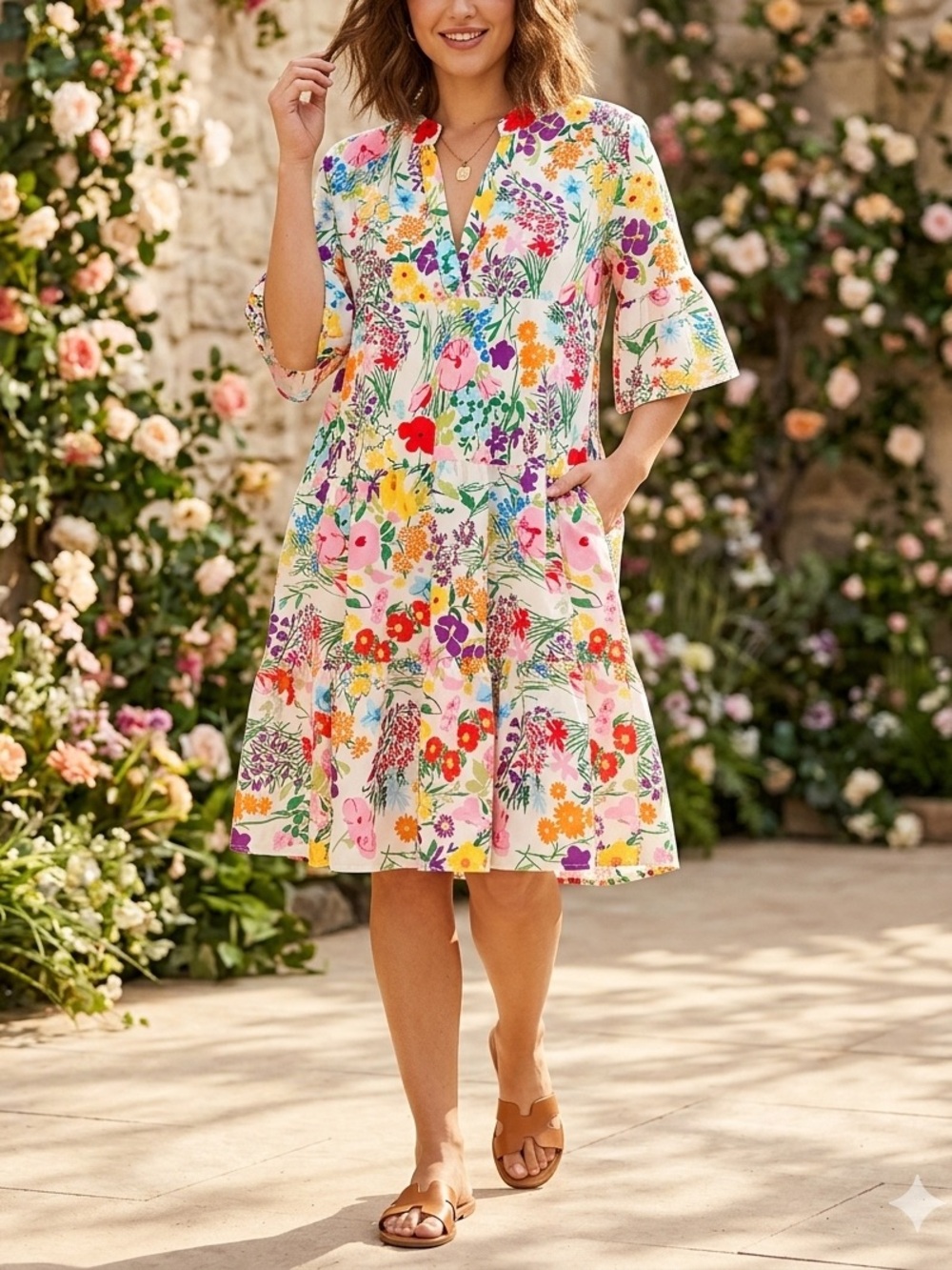 Sundayup Vibrant Floral Tiered Mini Dress Colorful Wildflower Boho Smock💛